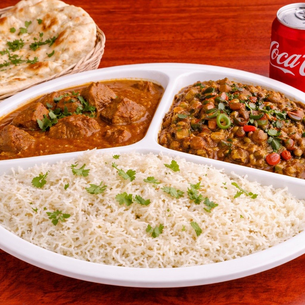 Lunch With Lamb Korma Chnana Rice Naan And Drink Soda Or Water.
