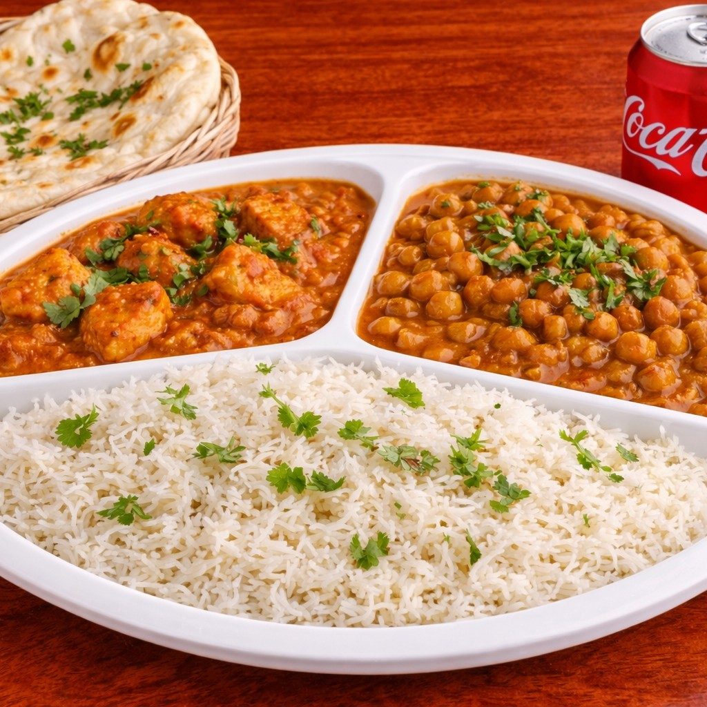Lunch With Ckicken Tikka Masala Chnana Rice Naan And Drink Soda Or Water.