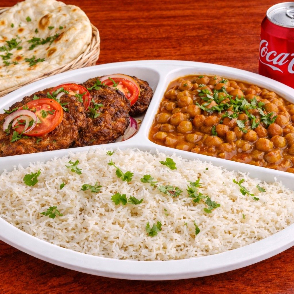 Lunch With Chappli Kabab Chnana Rice Naan And Drink Soda Or Water.