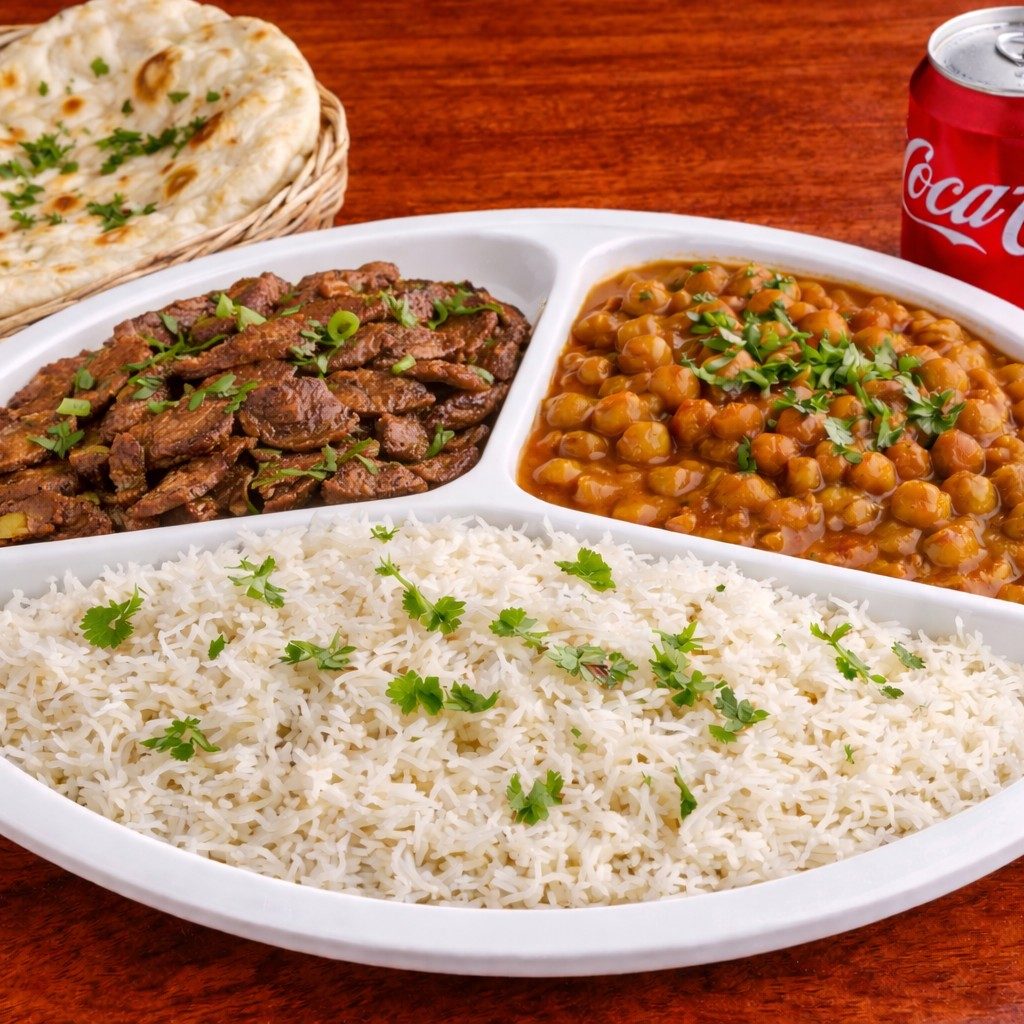 Lunch With Thin Slice Beef Chnana Rice Naan And Drink Soda Or Water.